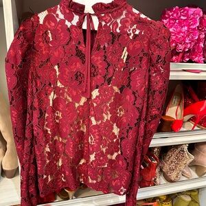 WAYF burgundy lace mock neck blouse